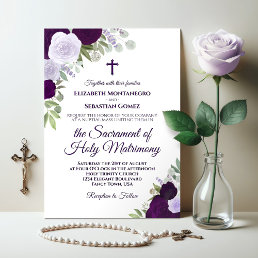 Elegant Purple Roses Modern Catholic Wedding Invitation
