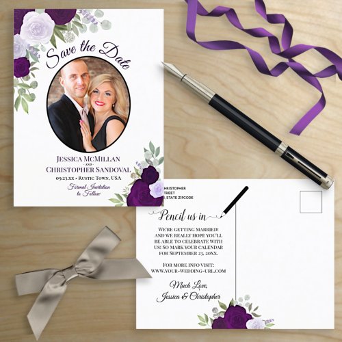 Elegant Purple Roses  Photo Wedding Save the Date Announcement Postcard
