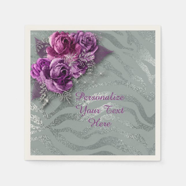 Elegant Purple Roses Silver Glitter Personalize Napkins (Front)