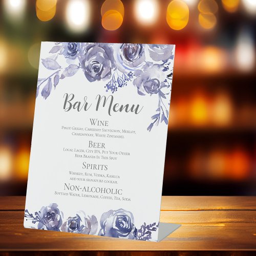 Elegant Purple Roses Wedding Bar Drinks Menu Pedestal Sign