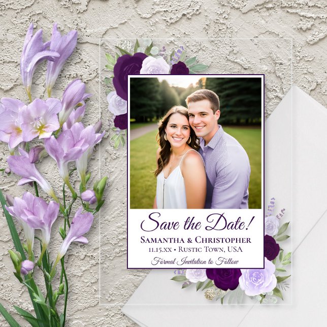 Elegant Purple Roses Wedding Save the Date Photo (Clear Acrylic with Rectangle Cut)