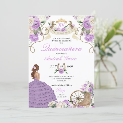 Elegant Purple Roses Western Cowgirl Quinceaera Invitation