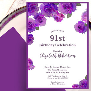 Elegant Purple Roses Women's Custom 91st Birthday Invitation
