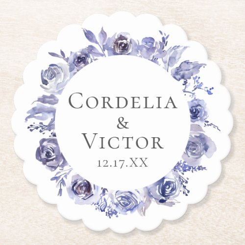 Elegant Purple Roses Wreath Winter Wedding Floral Paper Coaster