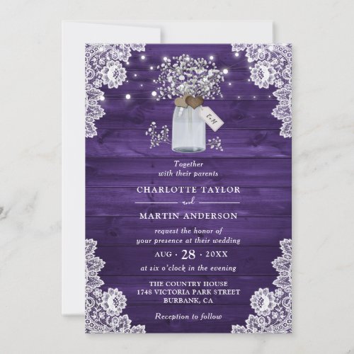 Elegant Purple Rustic Floral Initials Wedding Invitation