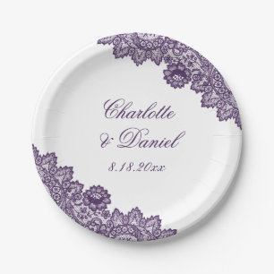 Elegant Purple Rustic Floral Lace Wedding Paper Plates