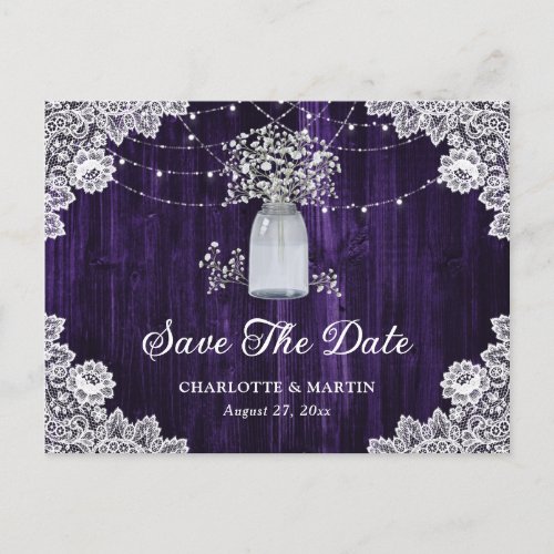 Elegant Purple Rustic Floral Wedding Save The Date Announcement Postcard