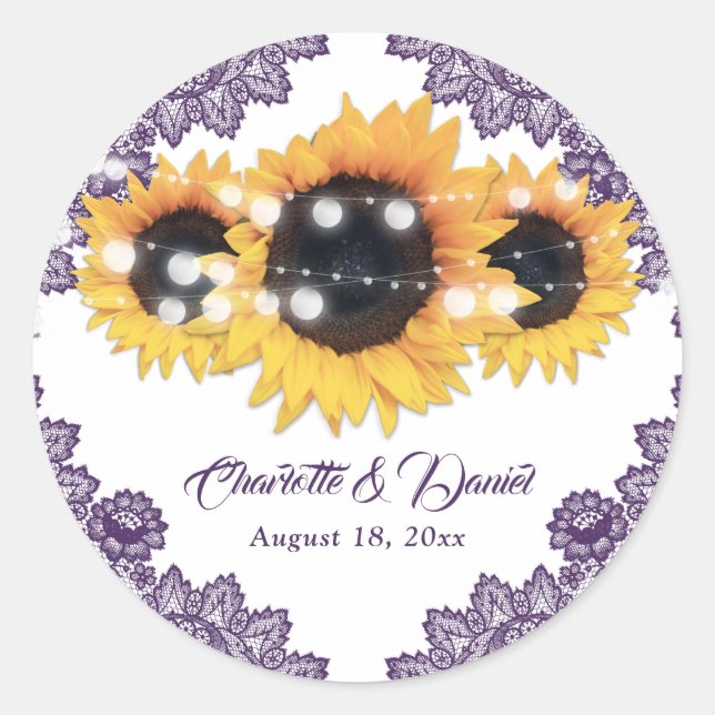 Elegant Purple Rustic FloralLace Sunflower Wedding Classic Round Sticker (Front)