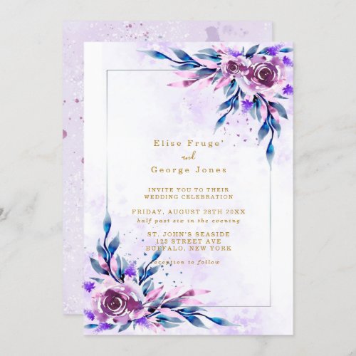 Elegant Purple Rustic Peony Gold Geometric Wedding Invitation