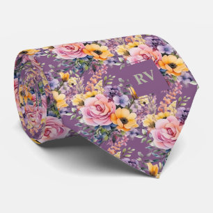 Elegant Purple Sage Green Watercolor Flowers Neck Tie