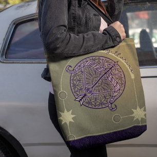 Elegant Purple Sagittarius Zodiac Sign Mandala Tote Bag