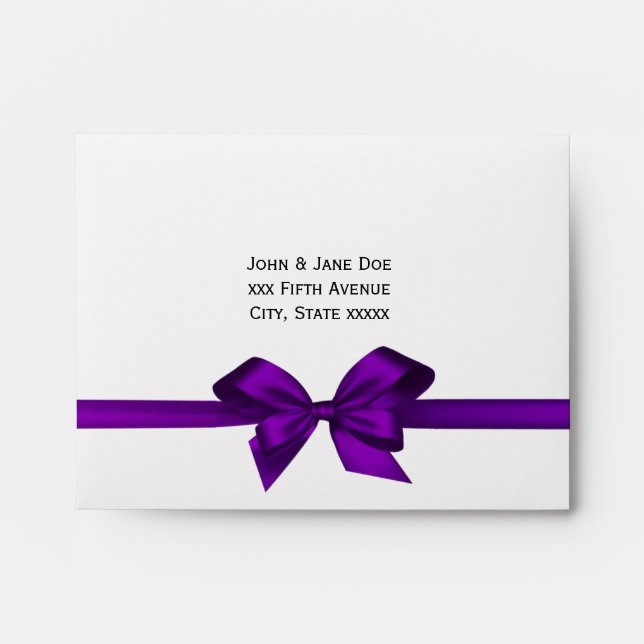 Elegant Purple Satin Bow Wht RSVP Return Address Envelope (Front)