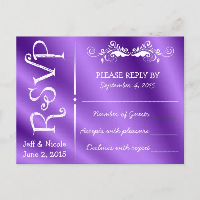 Elegant Purple Satin Wedding RSVP Invitation Postcard | Zazzle