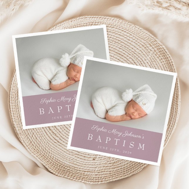 Elegant Purple Script Baptism Photo  Napkins (Elegant Purple Script Baptism Photo Napkins)