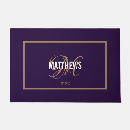 Elegant purple script monogram name wedding doormat