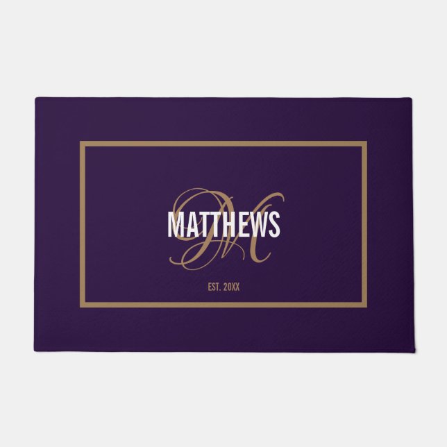 Elegant purple script monogram name wedding doormat (Front)