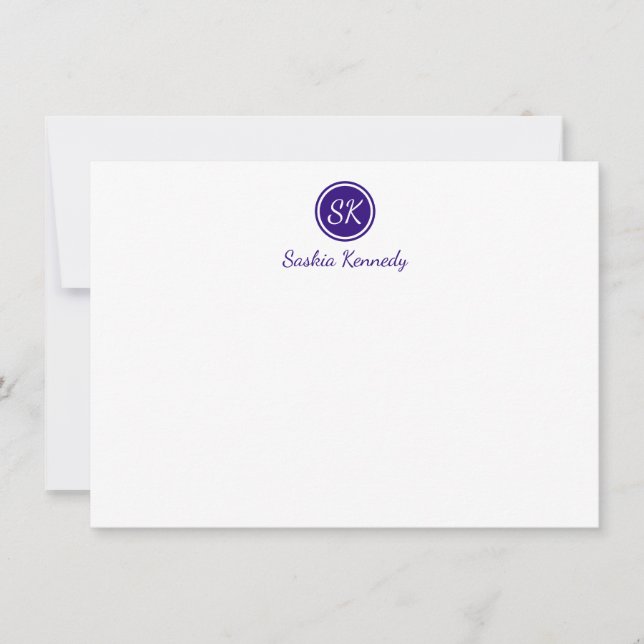 Elegant Purple Script Monogram Professional Note Card (Front)