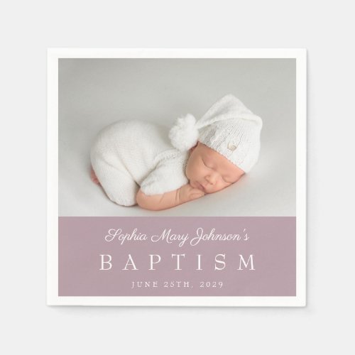 Elegant Purple Script Photo Baptism Napkins