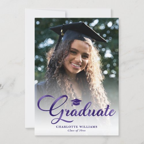 Elegant Purple Script Photo Graduation Party Invitation