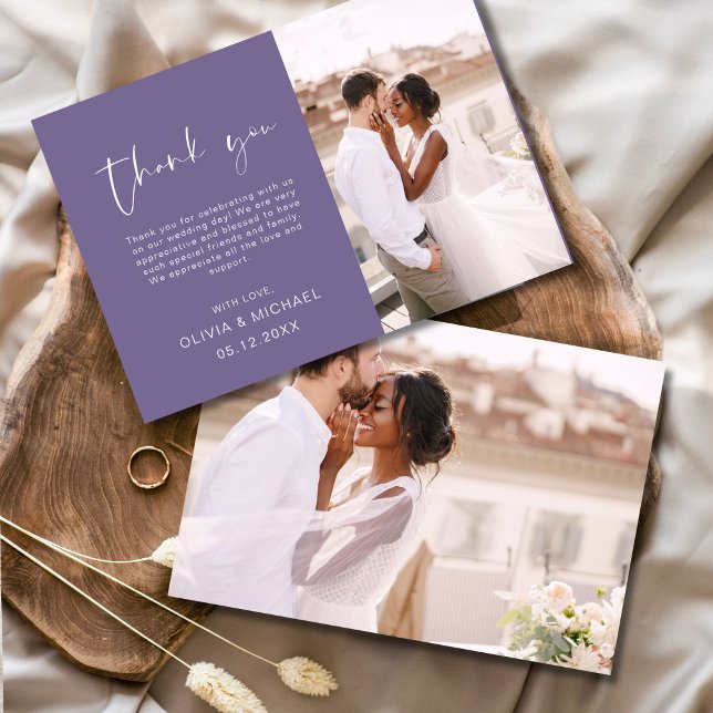 Elegant Purple Script Photo Wedding Thank You Card (Creator Uploaded)