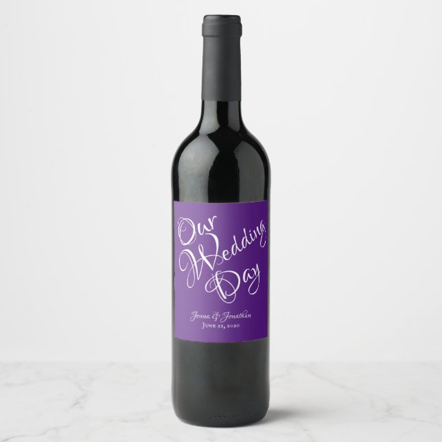 Elegant Purple Script Wedding Wine Label (Front)