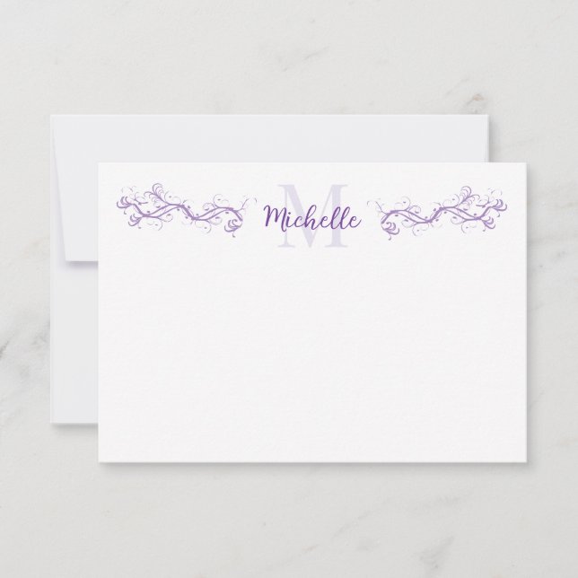 Elegant Purple Scrollwork Personalized  Note Card (Front)