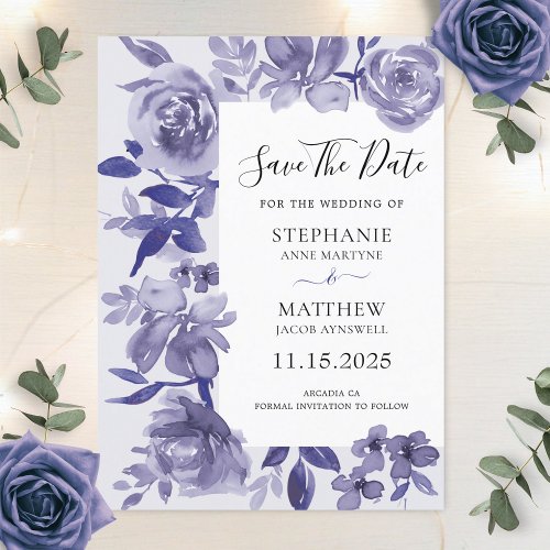 Elegant Purple Shades Watercolor Botanical Wedding Save The Date