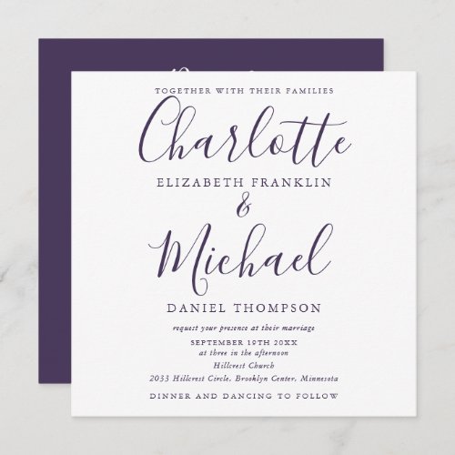 Elegant Purple Signature Script All In One Wedding Invitation