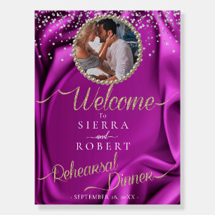Elegant Purple Silk Rehearsal Dinner Welcome Sign