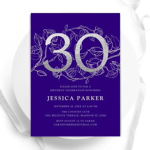 Elegant Purple Silver 30th Birthday Invitation