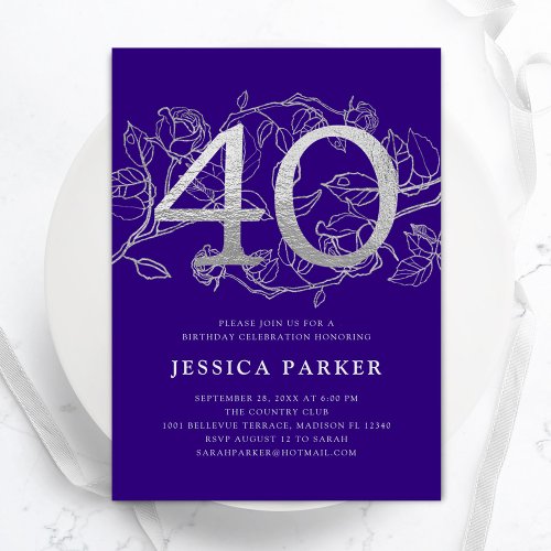 Elegant Purple Silver 40th Birthday Invitation