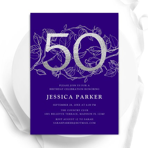 Elegant Purple Silver 50th Birthday Invitation