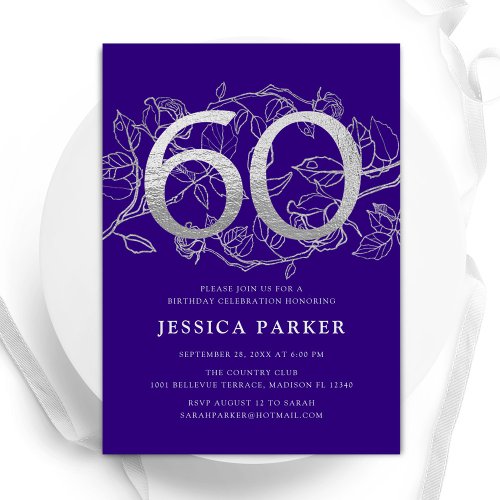 Elegant Purple Silver 60th Birthday Invitation