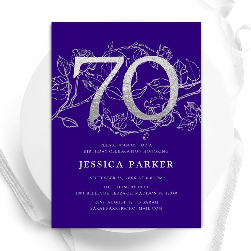 Elegant Purple Silver 70th Birthday Invitation