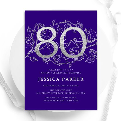 Elegant Purple Silver 80th Birthday Invitation
