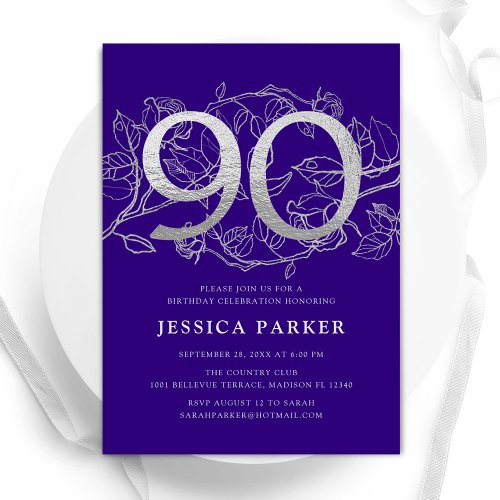 Elegant Purple Silver 90th Birthday Invitation