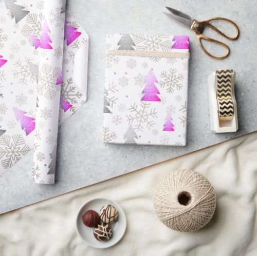 Elegant Purple  Silver Christmas Tree Snowflake Wrapping Paper