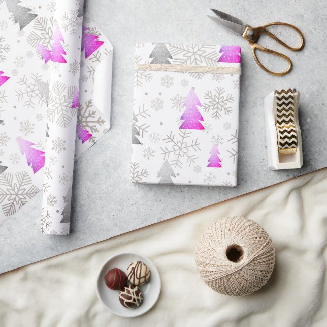 Elegant Purple & Silver Christmas Tree Snowflake Wrapping Paper (Crafts)