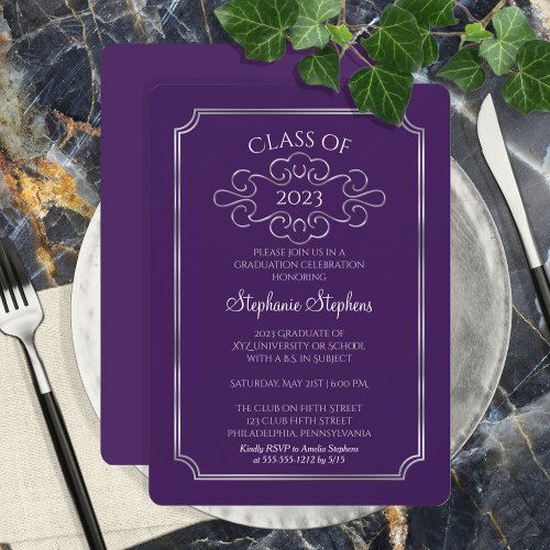 Elegant Purple  Silver College Graduation Party Invitation