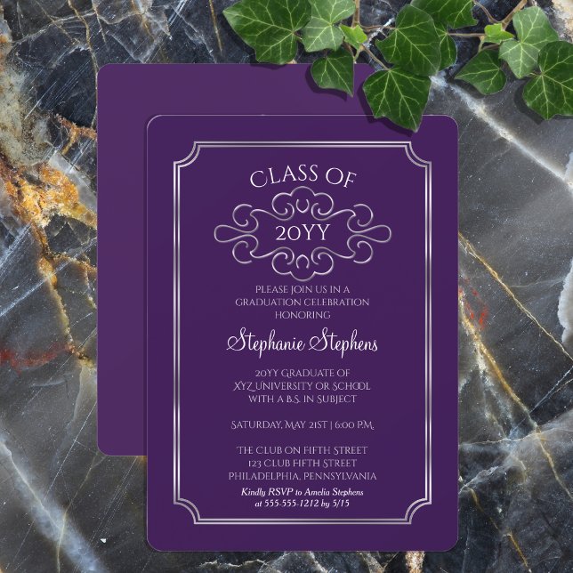 Elegant Purple | Silver College Graduation Party Invitation (Elegant Purple and Silver Tone College or University Graduation Announcement and Party Invitation)