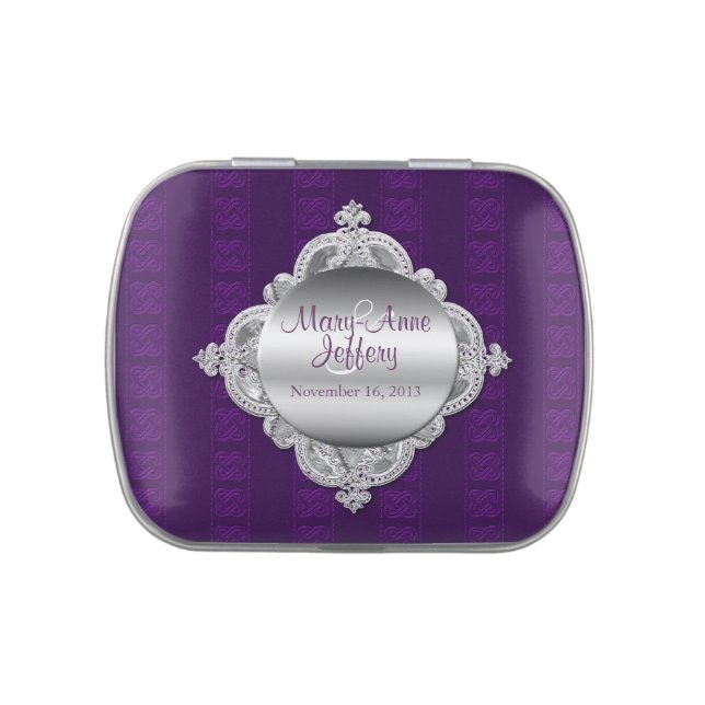 Elegant Purple & Silver Custom Wedding Candy Tin (Top)
