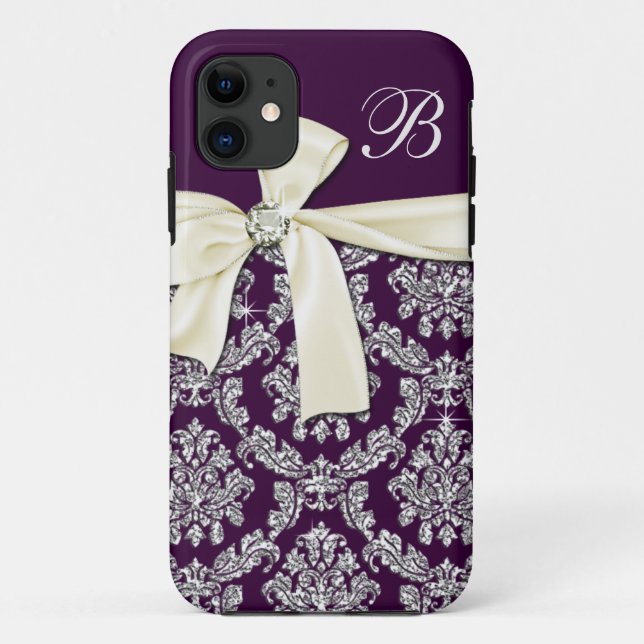 Elegant Purple Silver Damask Diamond Bow Monogram Case-Mate iPhone Case (Back)
