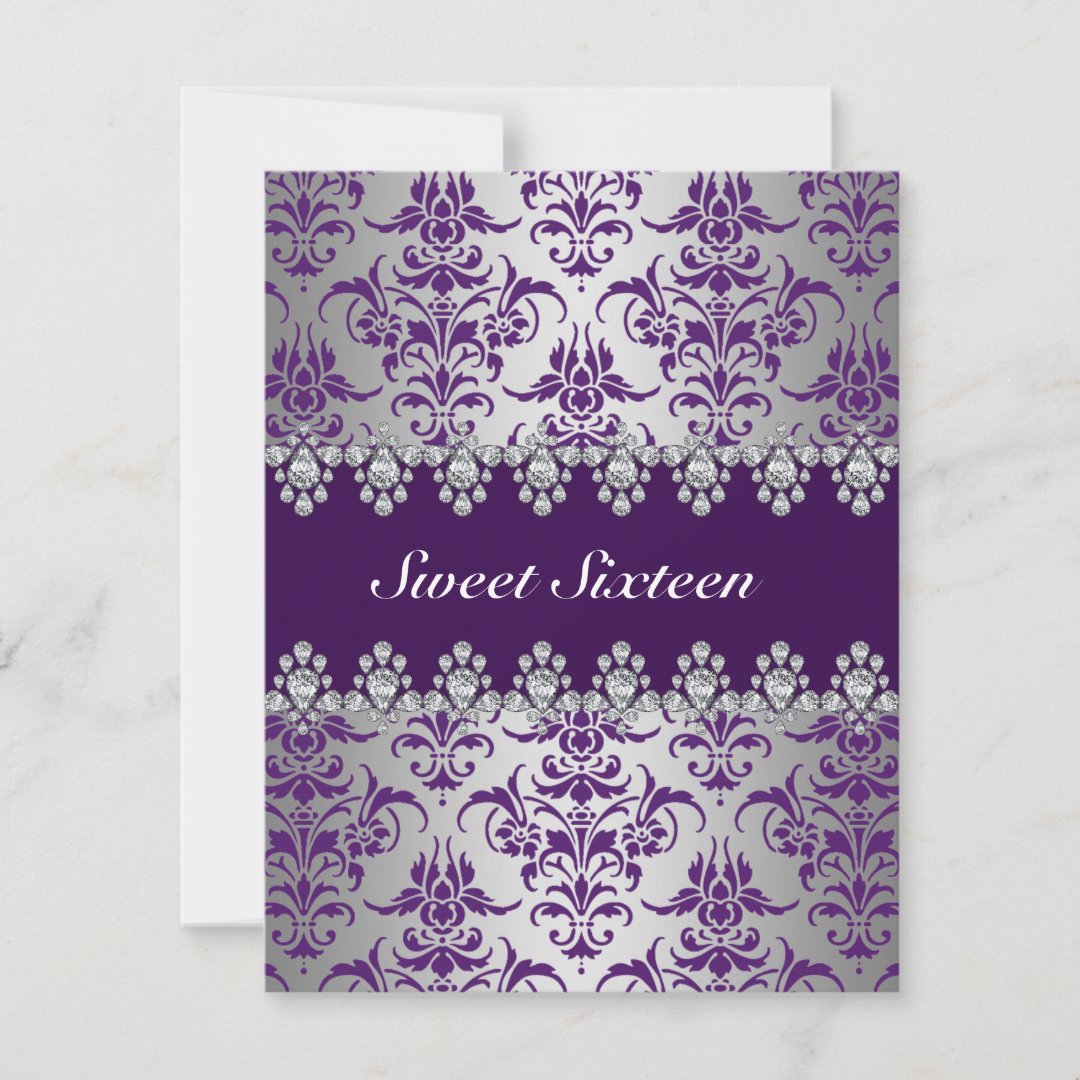 Elegant Purple & Silver Damask Sweet16 Invite Zazzle