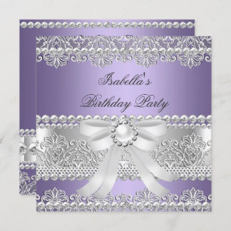 Elegant Purple Silver Diamond Pearl Birthday Party Invitation