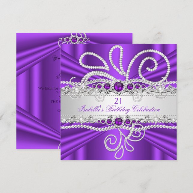 Elegant Purple Silver Diamonds Pearl Birthday 2 Invitation (Front/Back)