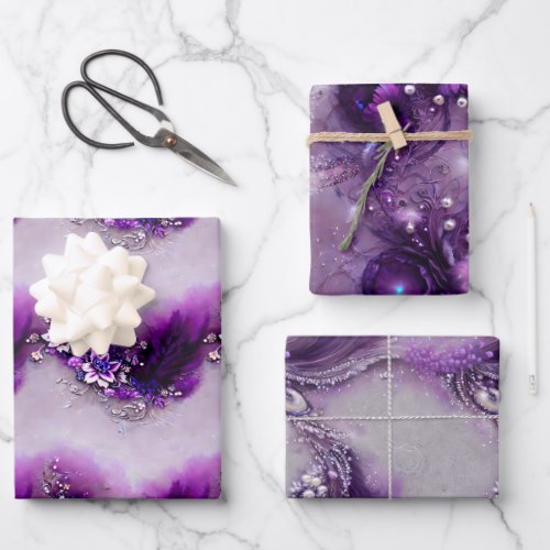 Elegant Purple Silver Feather Christmas Beaded Wrapping Paper Sheets