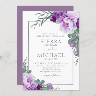 Elegant Purple & Silver Floral Eucalyptus Wedding Invitation