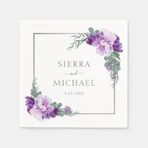 Elegant Purple & Silver Floral Eucalyptus Wedding Napkins