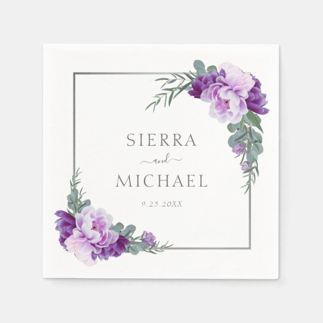 Elegant Purple & Silver Floral Eucalyptus Wedding Napkins (Front)