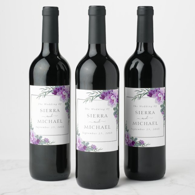 Elegant Purple & Silver Floral Eucalyptus Wedding Wine Label (Bottles)